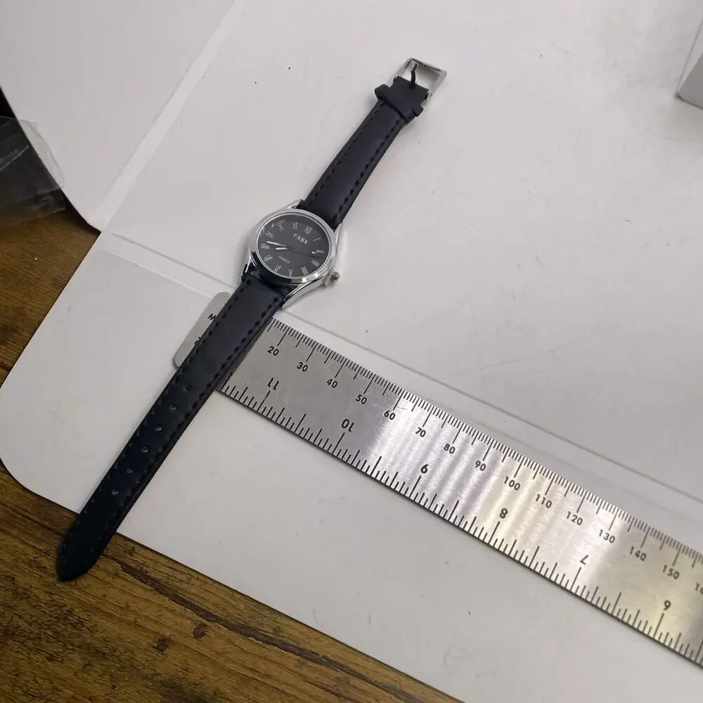 Cary Womens Silver Tone Black Leather Watch Works New Battery